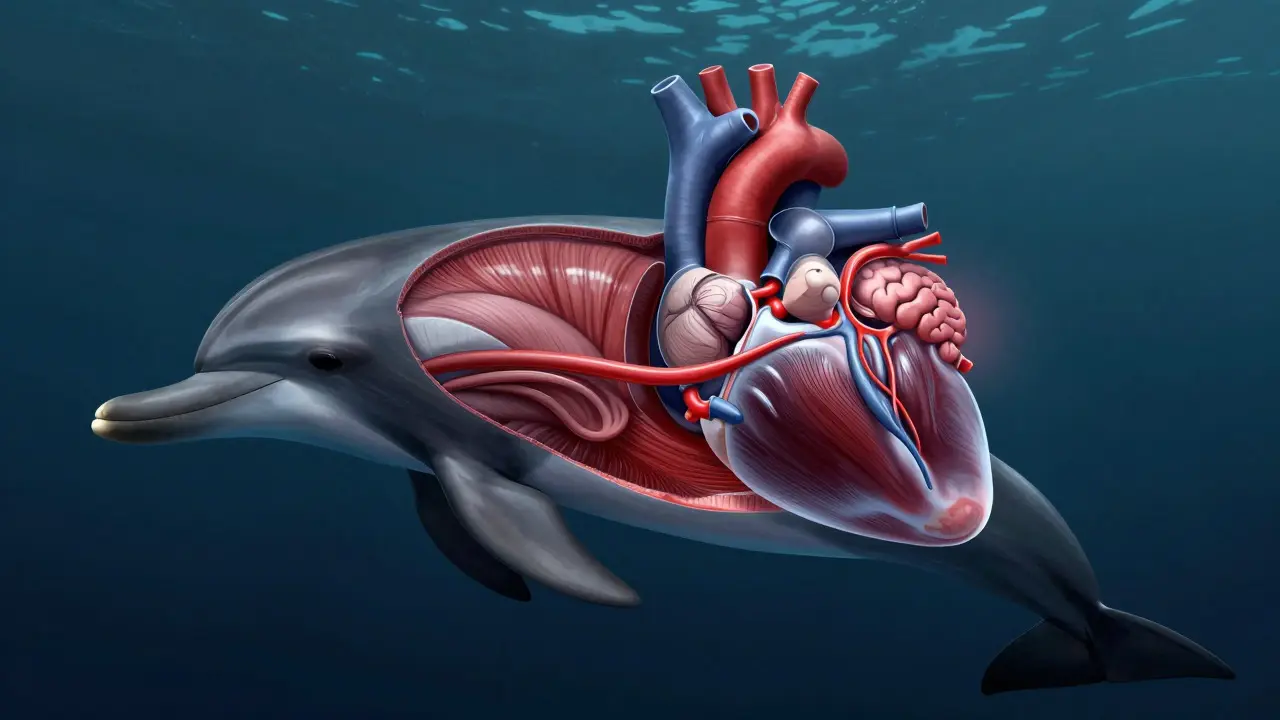 Anatomické zobrazení fyziologie delfína během ponoru