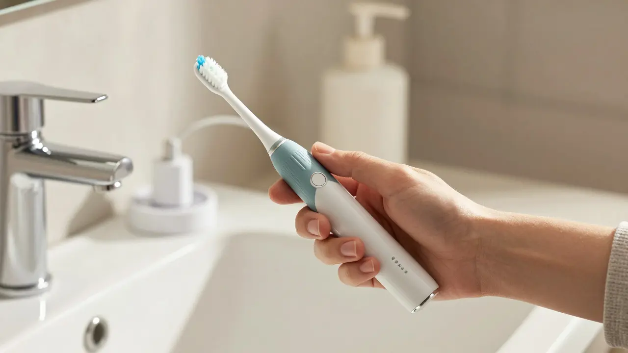 Ruka drží ergonomický elektrický kartáček s gumovým povrchem