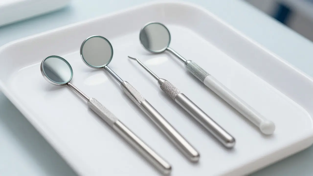 Srovnání tří typů dentálních zrcátek na sterilním podnosu