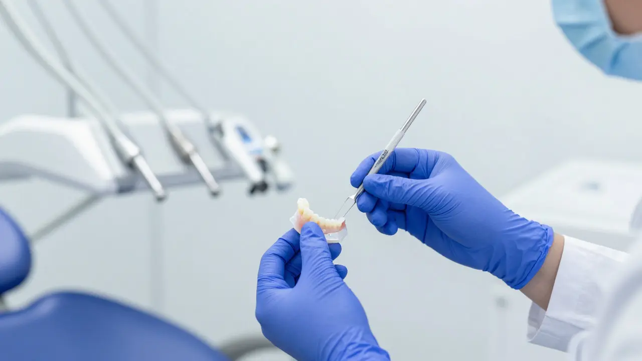 Zubní techník drží keramický vložek vedle modelu čelisti v ordinaci