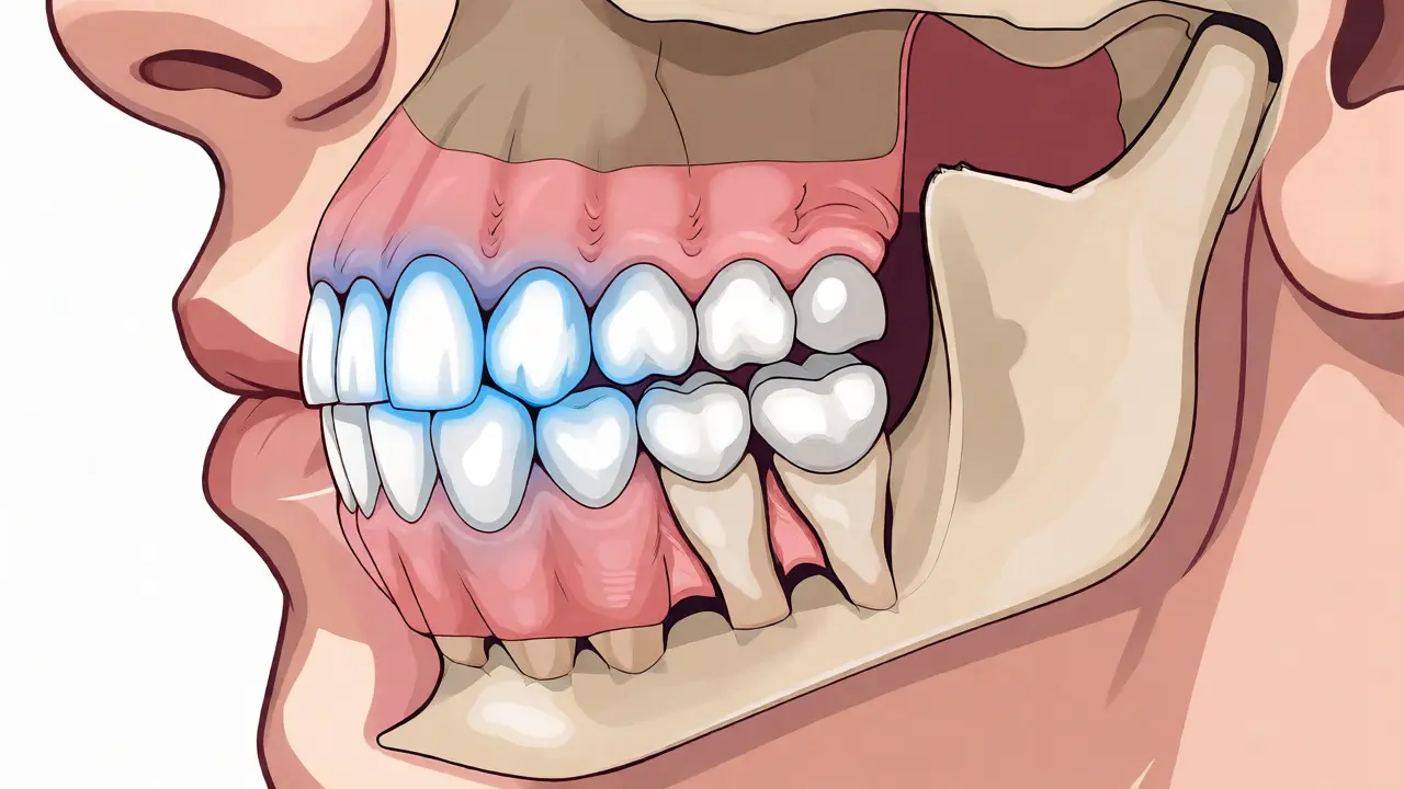 Anatomický průřez čelistí zvýrazňující přední řezáky oproti zadním zubům.