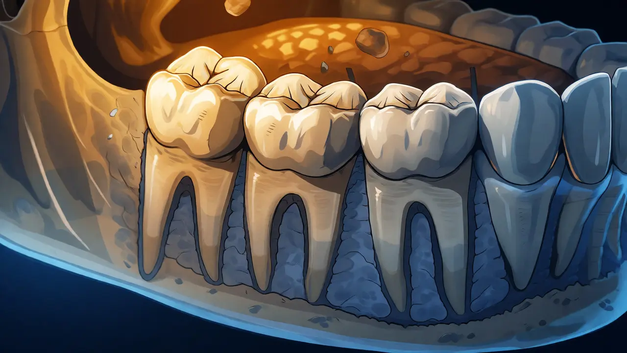 Anatomický řez čelistí ukazující moláry při drcení potravy