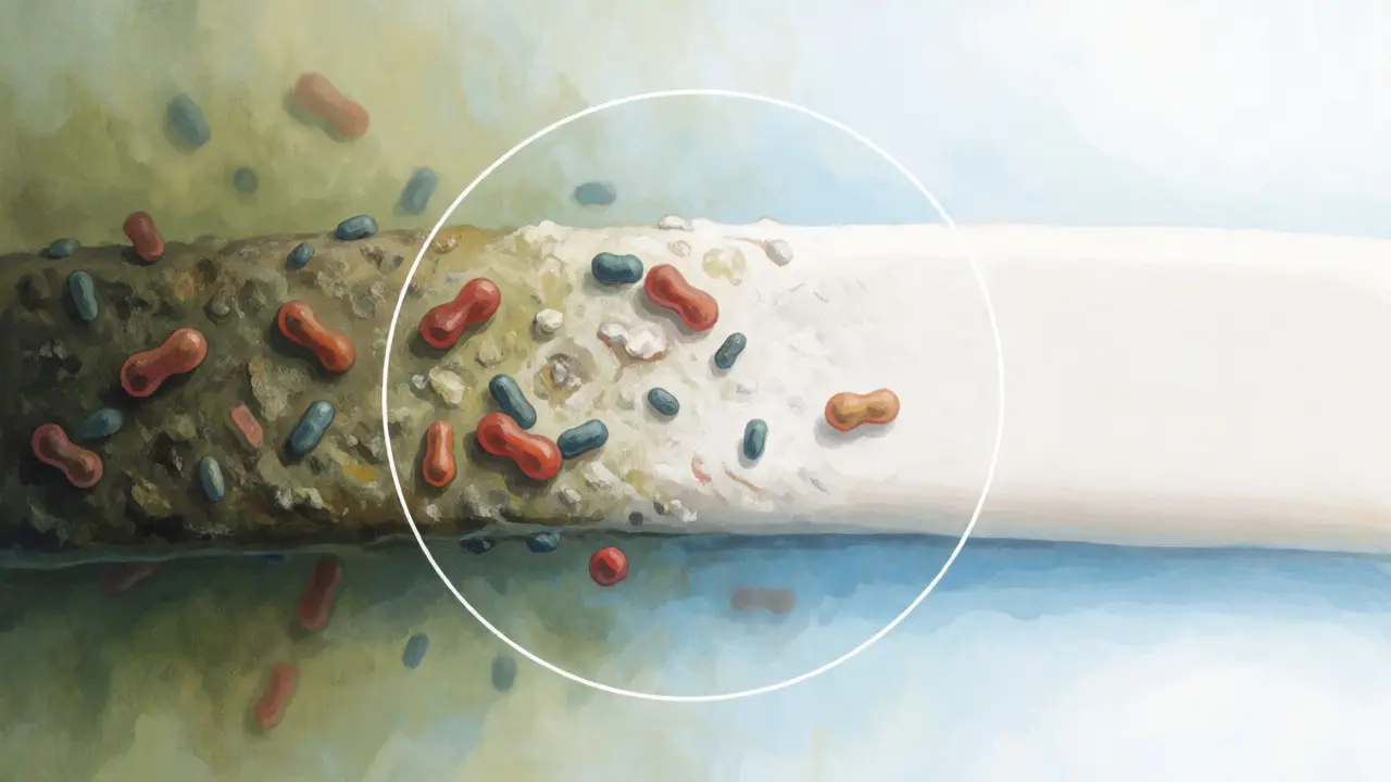 Ilustrace bakteriálního biofilmu na povrchu opotřebené gumičky