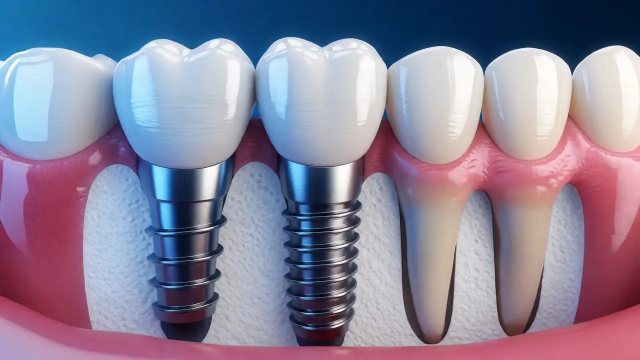 Ilustrace řezu dásní ukazující zubní implantát s keramickou korunkou v kosti.