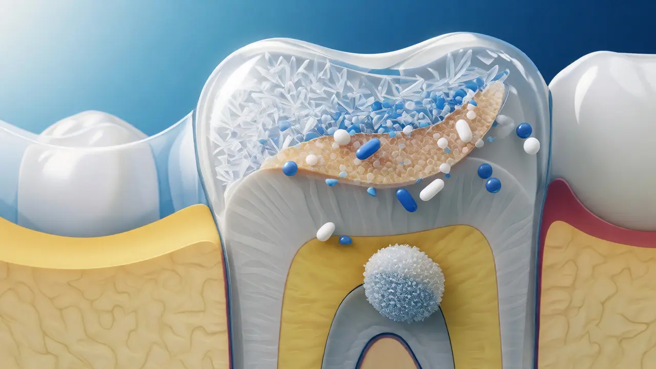 Ilustrace struktury zubu s vrstvami skloviny a dentinu