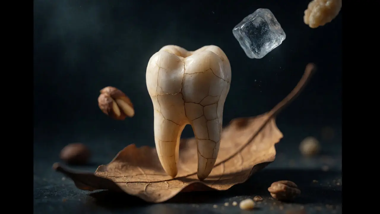 Křehký zub bez nervu s mikroprasklinami v temném prostředí