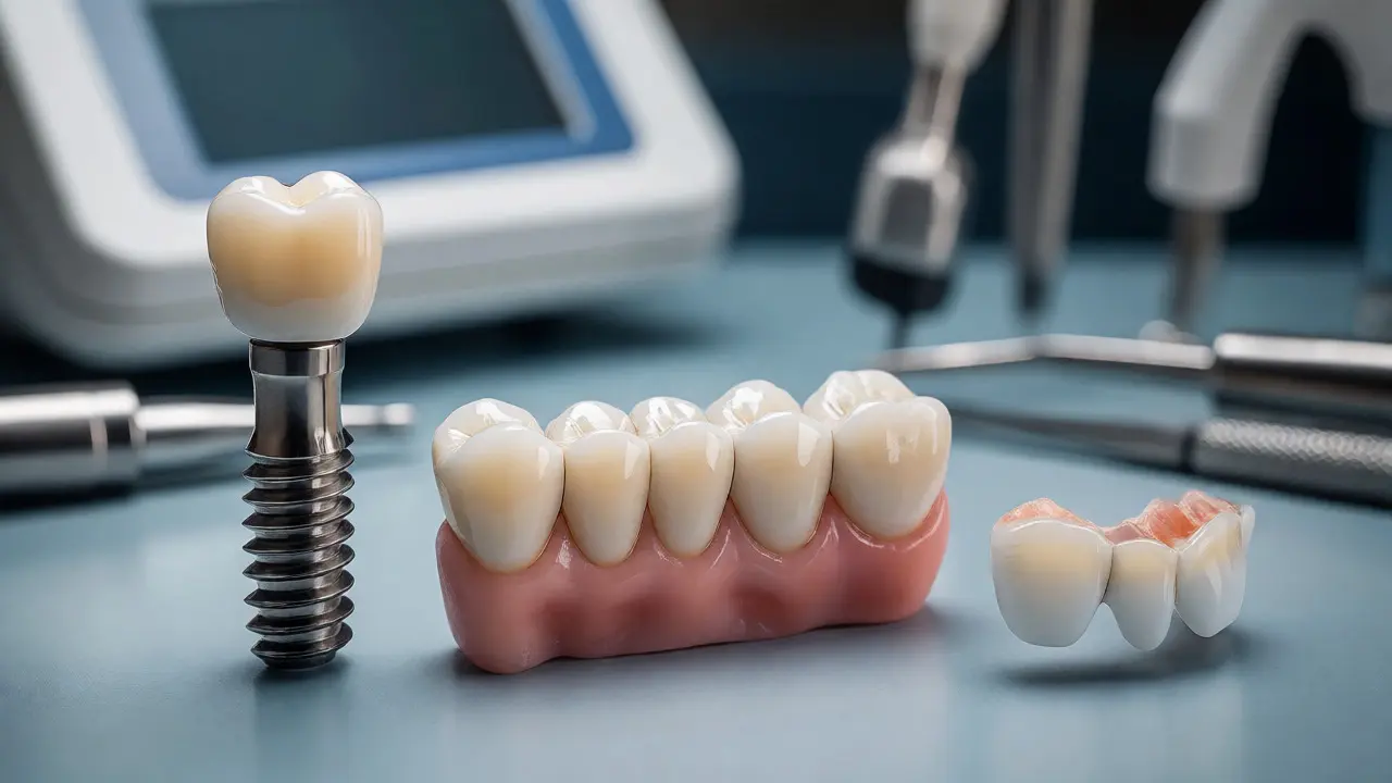 Makro fotografie zubního implantátu, mostu a adhezivního můstku na laboratorním stole.