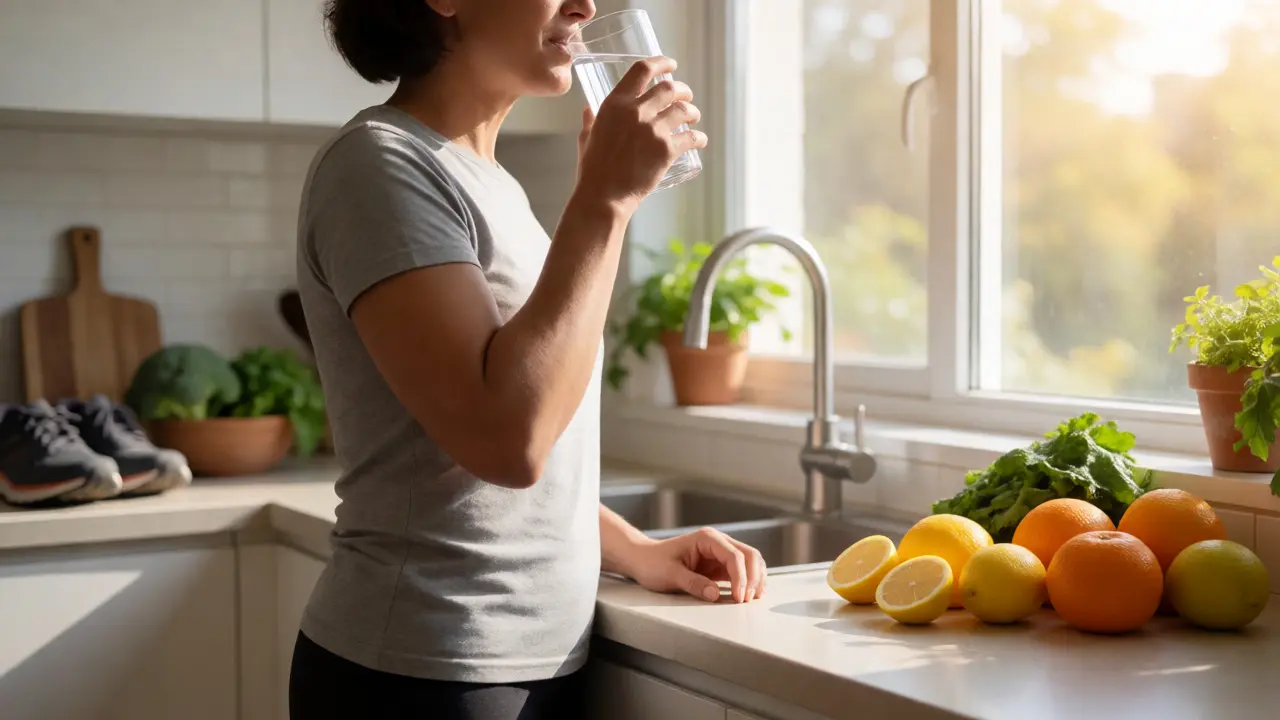 Person drinking water with fresh fruits supporting nicotine detoxification