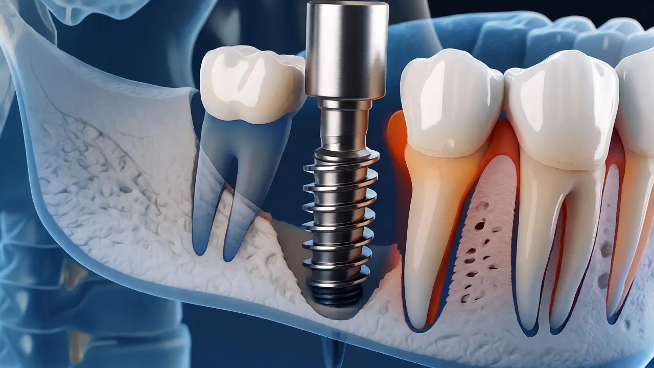 Řez čelistí s kostním úbytkem a zaváděním implantátu