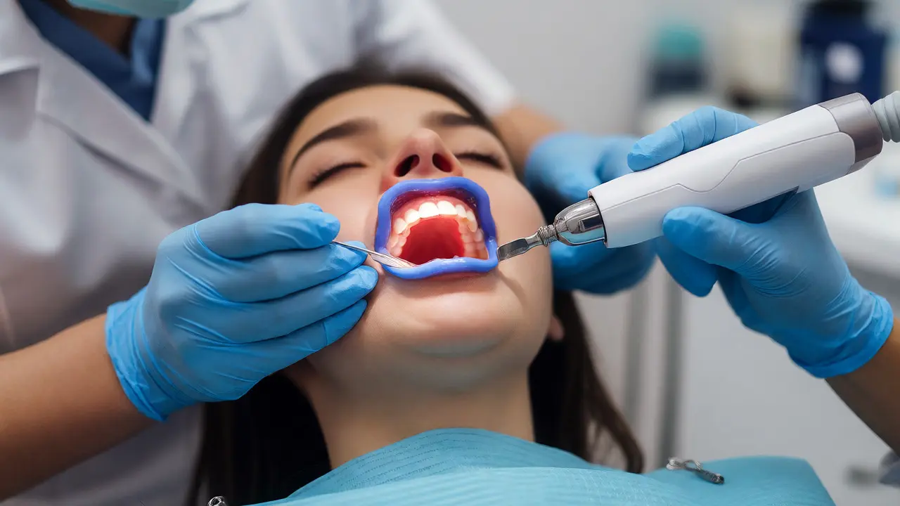 Zubař aplikuje ochranný gel při laserovém bělení