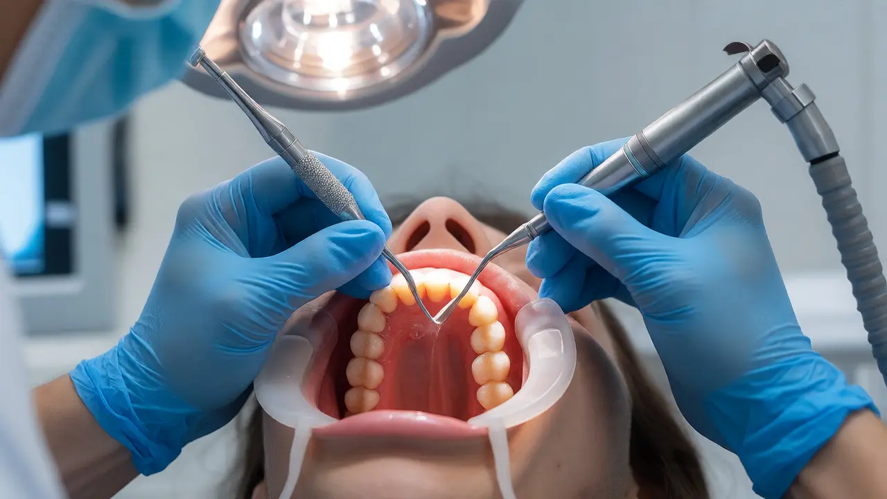 Zubní hygienista odstraňuje zubní kámen pod dásní pomocí kyretáže v ordinaci.