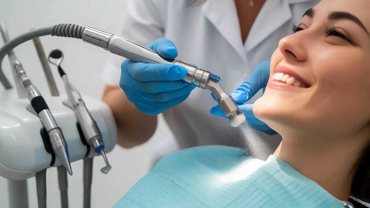 Zubní hygienista provádí profesionální čištění zubů metodou Air Flow