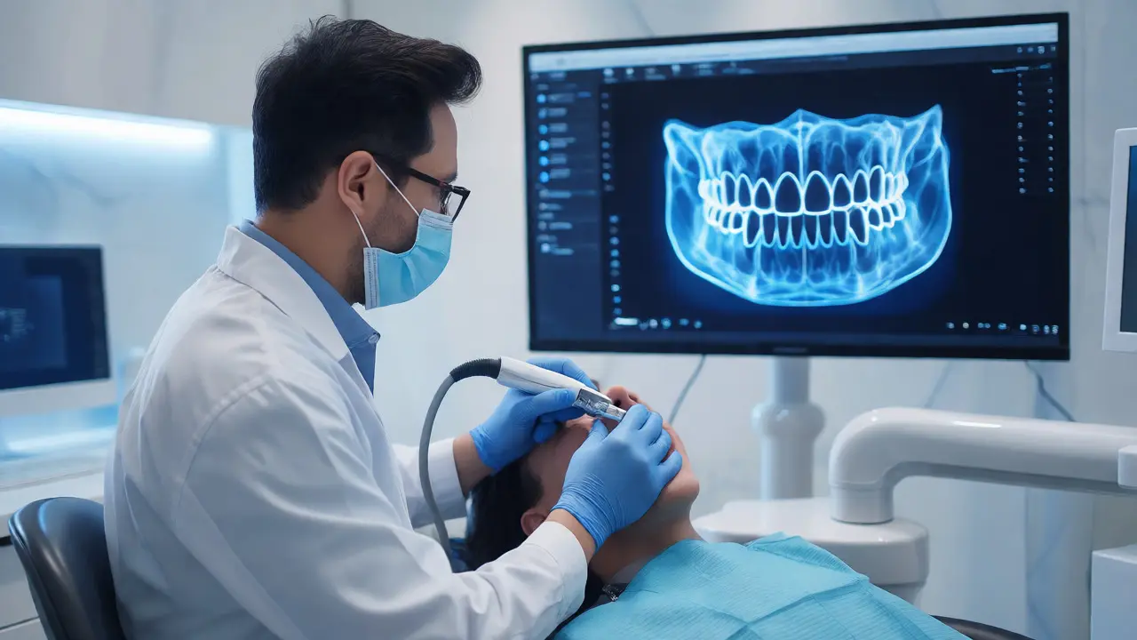 Zubní lékař používá digitální skener s 3D modelem zubů na pozadí