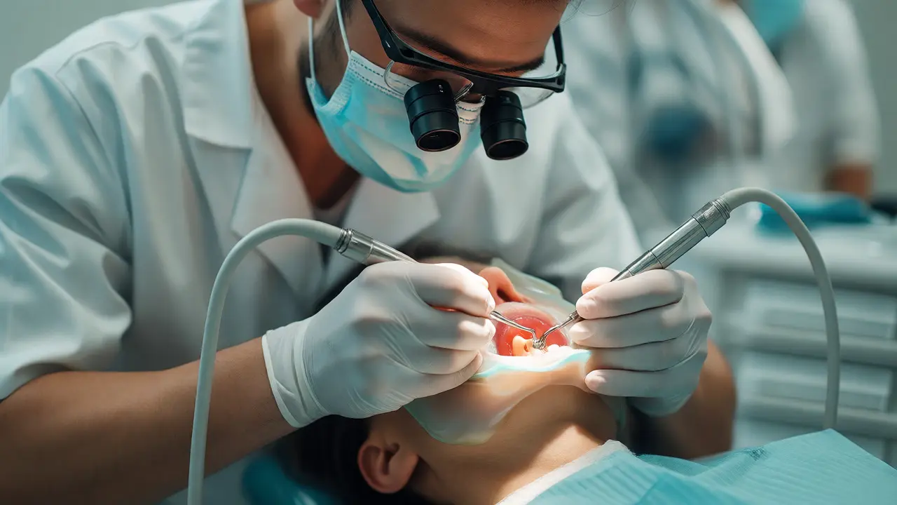 Zubní lékař provádí endodontické ošetření kořenových kanálků
