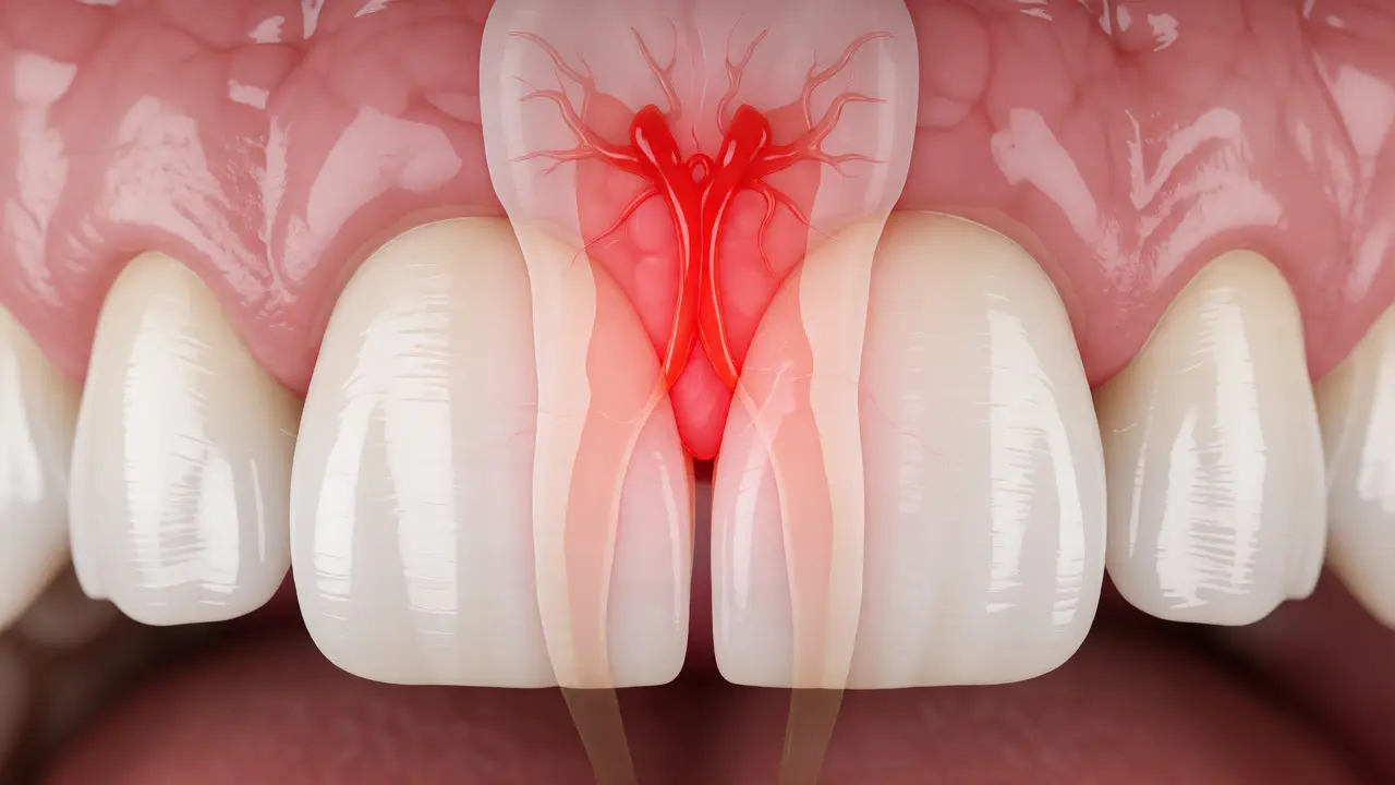 Anatomický řez předním zubem se zánětem dřeně