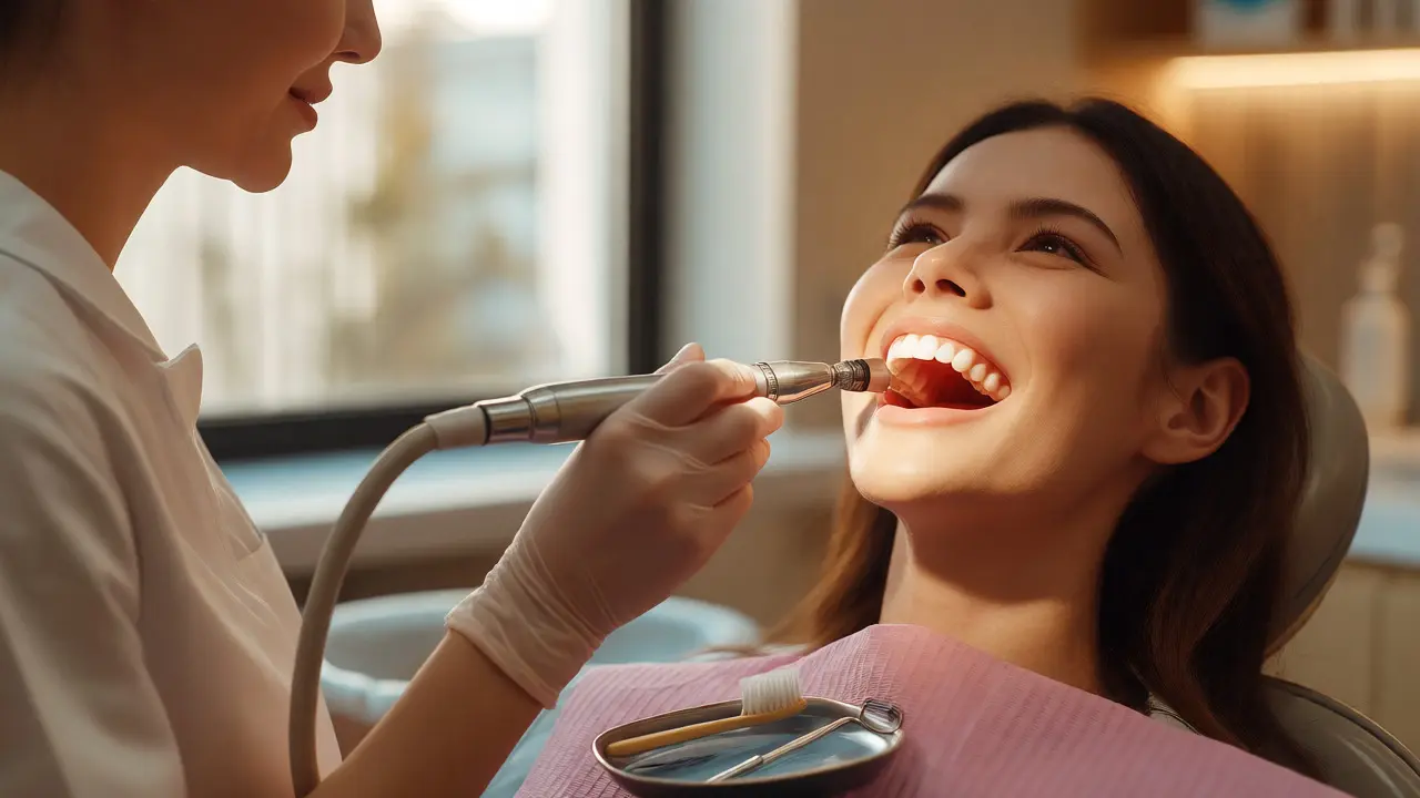 Dentální hygienista odstraňuje kámen ultrazvukem u pacienta