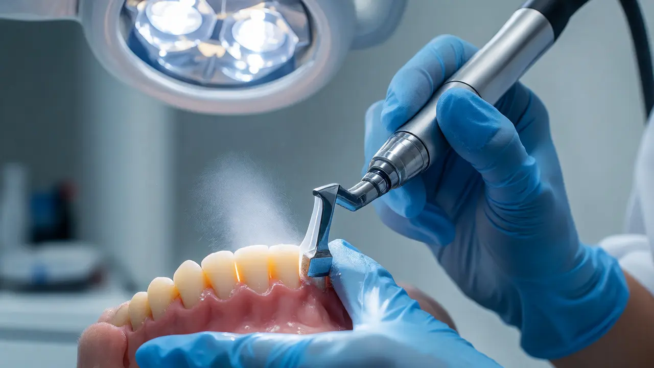 Dentální hygienistka odstraňuje zubní kámen ultrazvukem