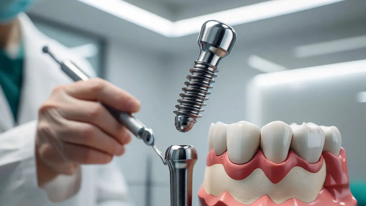Detailní pohled na titanový zubní implantát připravený k zavedení do čelistní kosti.