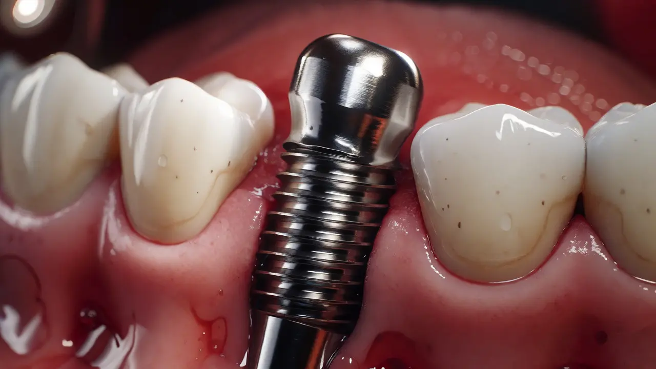 Detailní pohled na zavádění titánového šroubu zubního implantátu do kosti.