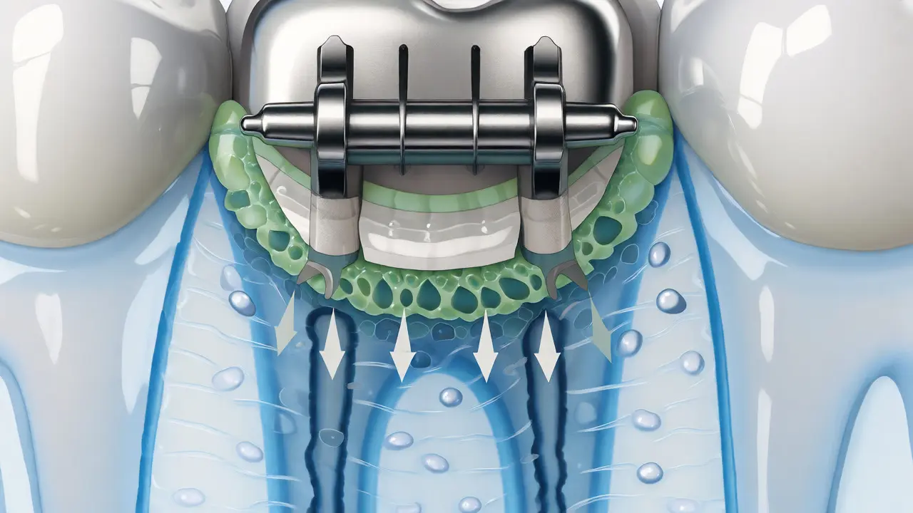 Ilustrace demineralizace skloviny pod ortodontickým zámkem způsobená hromaděním plaku.