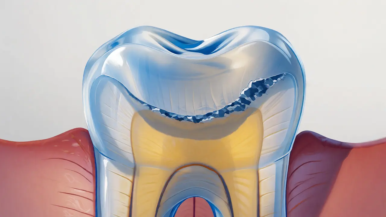 Ilustrace řezu zubem ukazující tenčící se sklovinu a žlutý dentin