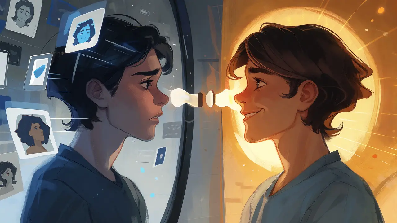 Konceptuální ilustrace kontrastující nejistotu s přijetím vlastní jedinečnosti a diastémy.