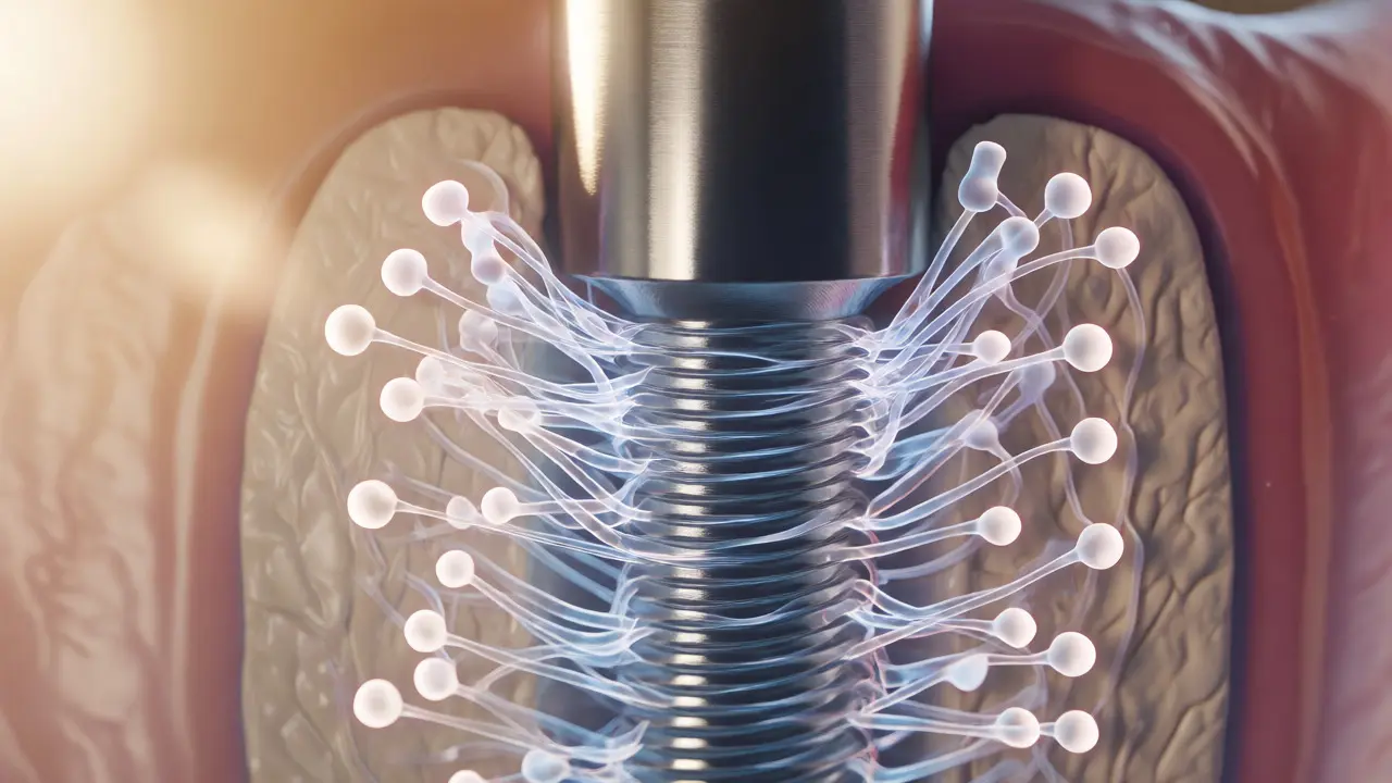 Konceptuální znázornění osseointegrace, kde kostní tkáň srůstá s implantátem.