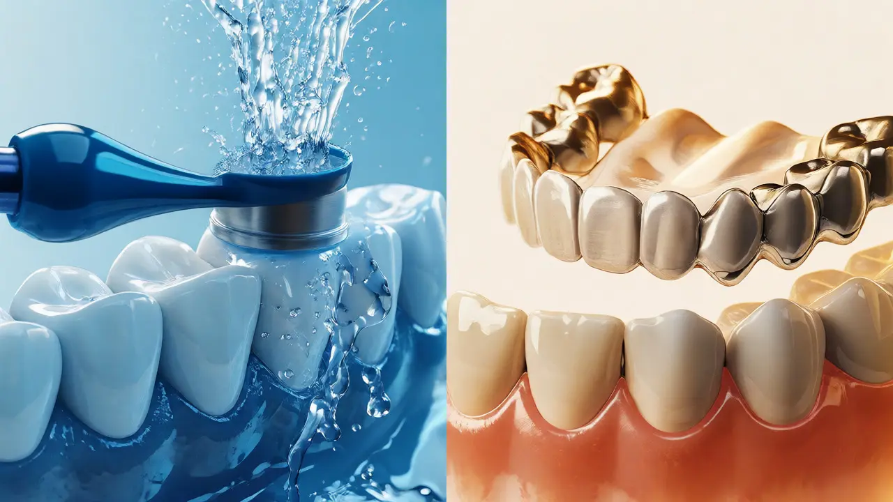 Vizuální porovnání dentální hygieny a ordinačního bělení zubů.