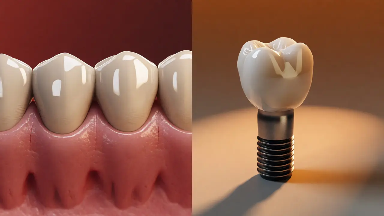 Vizuální srovnání klasického zubního můstku a samostatného zubního implantátu.