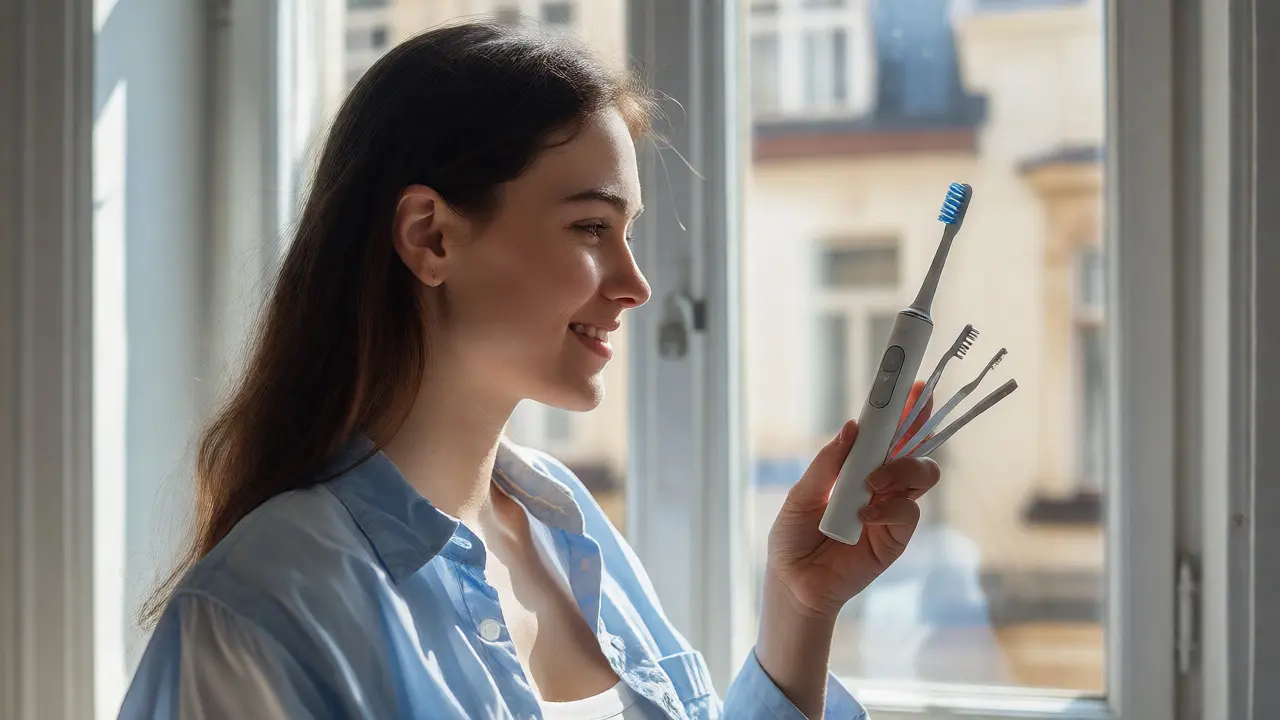 Žena s elektrickým kartáčkem a mezizubními kartáčky doma po hygieně.
