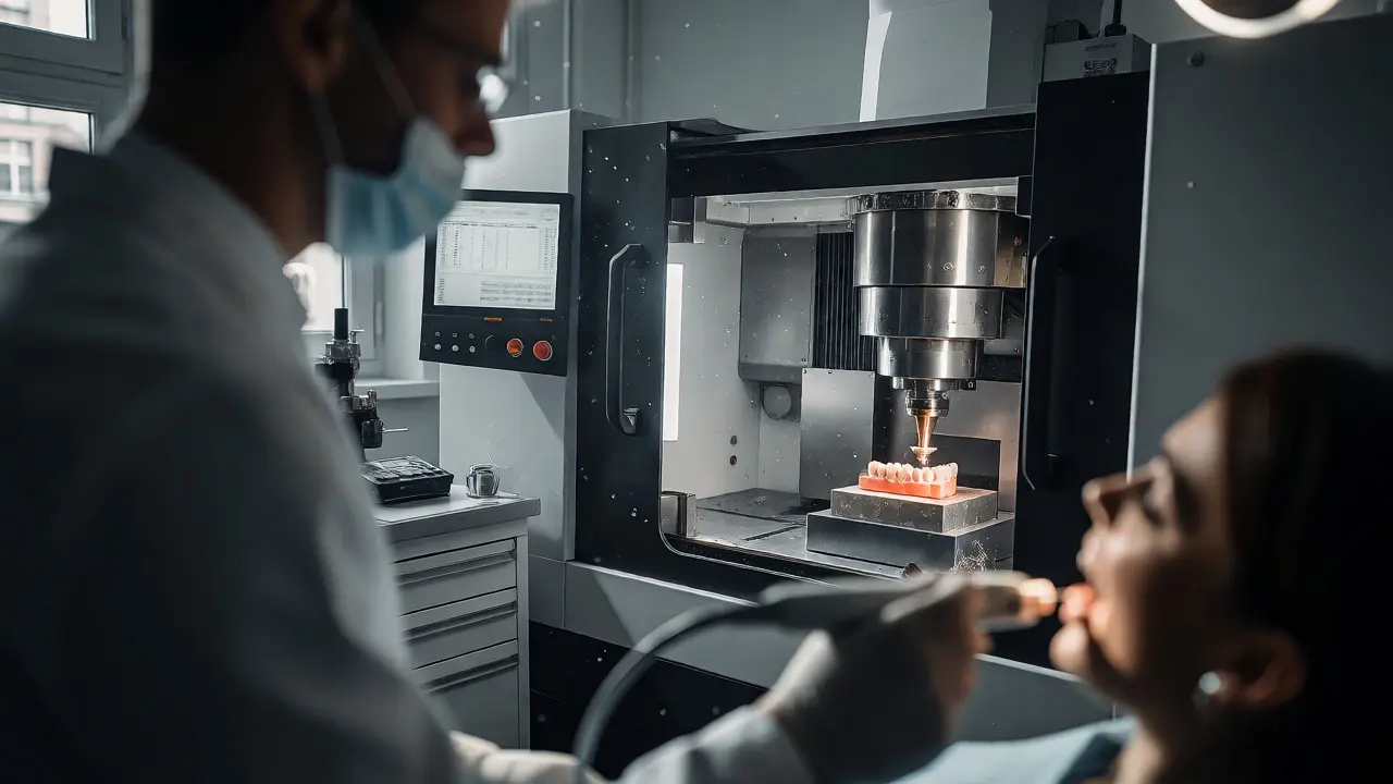 Zubní laboratoř s frézovacím strojem vytvářejícím korunku ze zirkonu.